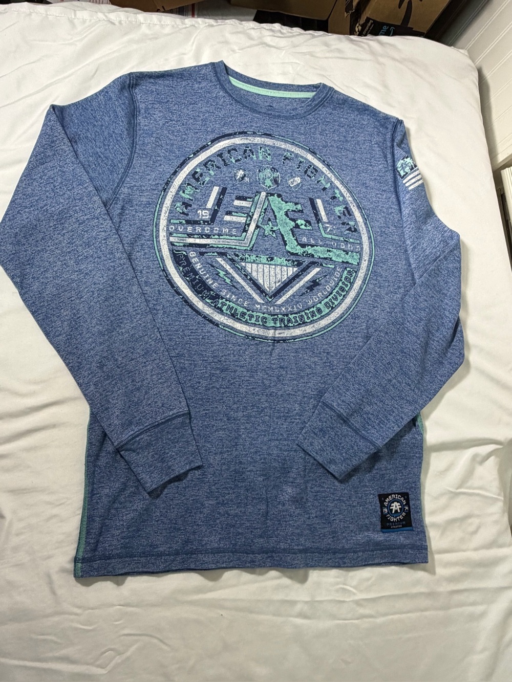 American Fighter Heather Blue Long-Sleeve Tee with Mint Graphic